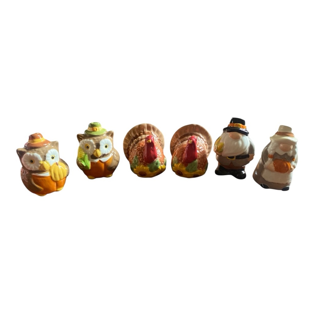 Charming Harvest Owl, Pilgrim and Turkey Salt and Pepper Figurine Set